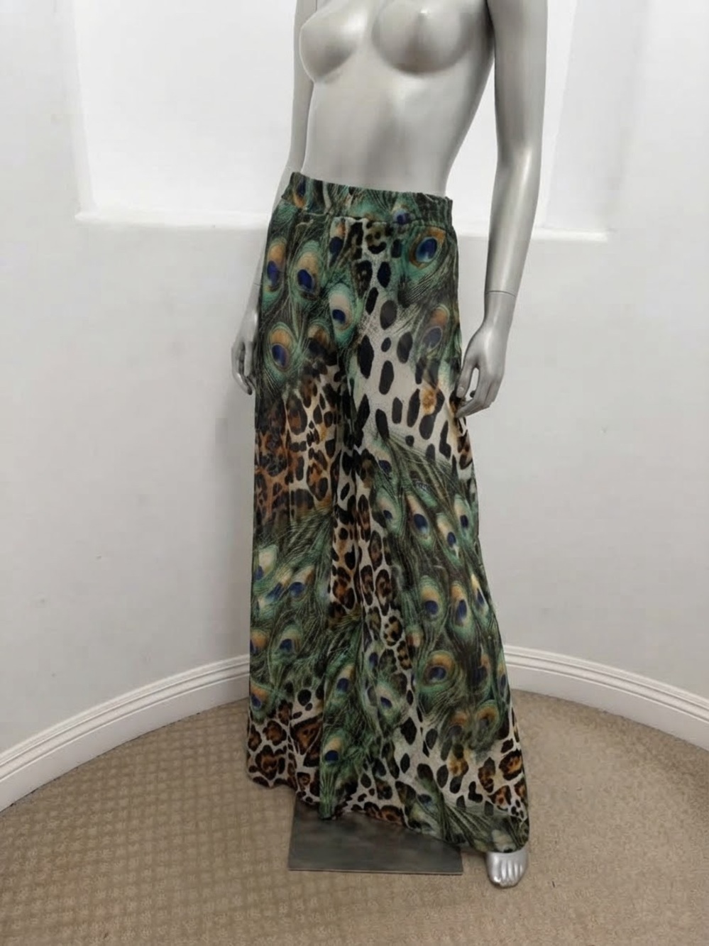 Peacock Leopard Print Beach Cover Up Pants S Sheer Mesh Wide Leg Resort